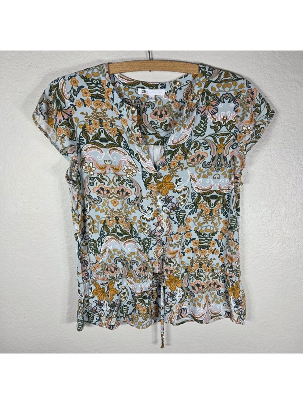 DR2 Floral Mulricolor Cap Sleeve Drawstring Waist Blouse Size S Lightweight